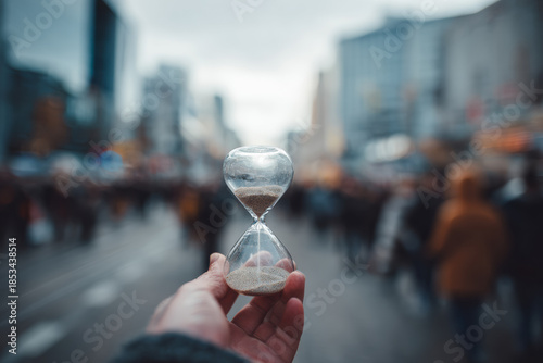 A hand holding an hourglass on a busy city street, symbolizing time pressure, decision moments, and urban life pace.
