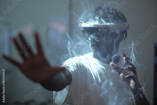 A woman interacting with virtual data through augmented reality, representing time-based strategic thinking and advanced decision processes.