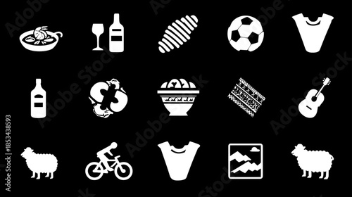 Andean Culture and Lifestyle Icons Set: Food, Drink, Music, Sports, Animals, Traditional Clothing, and Nature Symbols