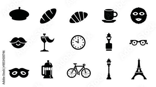 French and Parisian culture icons set. Vector black silhouettes of traditional food, fashion, travel, and landmark symbols.