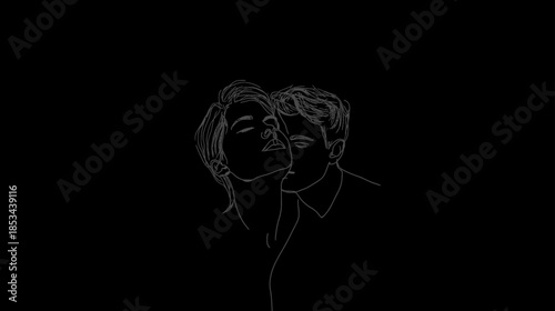 Minimalist line art of a loving couple in an intimate embrace on a black background, symbolizing affection and romance.