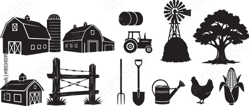 Farm icons including barns, tractor, windmill, and tools