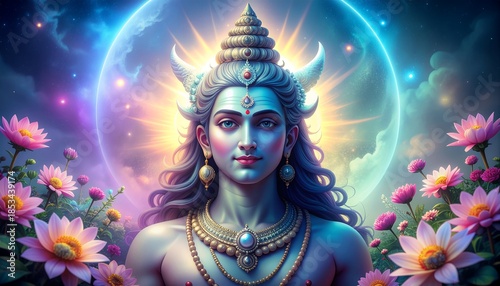 Lord Shiva, the divine cosmic entity, emanating serenity amidst a vibrant celestial realm adorned with luminous lotus blossoms and a mystical moon