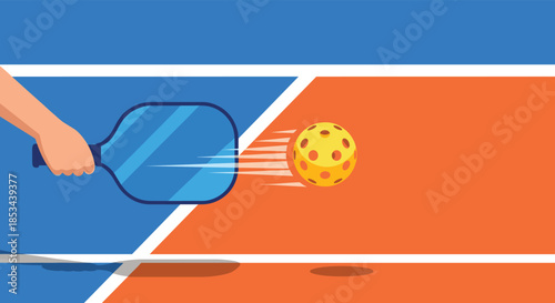 Dynamic illustration of a pickleball paddle hitting a fast-moving ball over a blue and orange court during an active game.