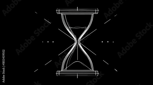 Glowing neon outline hourglass with falling sand on black background, symbolizing time passing, deadline, and countdown.