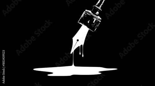Vintage quill pen dripping white ink from an inkwell onto a black background, symbolizing writing, creativity, and historical artistry.