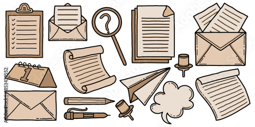 Vintage office and stationery hand drawn doodle set. Brown aesthetic stationery elements for journaling and planning vector illustration