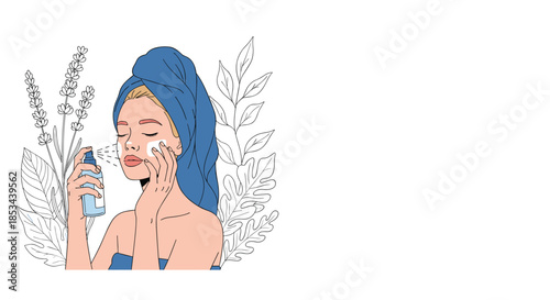 Minimalist line art illustration of a woman in a towel performing her skincare routine with a facial mist and cotton pad.