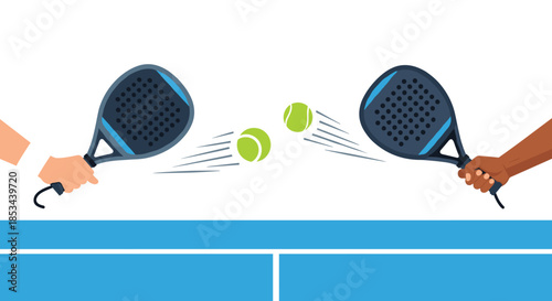 Dynamic illustration of two people playing padel, with their hands and rackets hitting balls back and forth over the net.