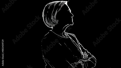 Black and white silhouette sketch of a thoughtful, confident woman with arms crossed in profile, looking sideways.