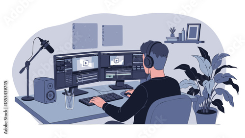 Man editing video on dual monitors in a home studio with microphone, headphones, and plants, representing digital content creation and remote work