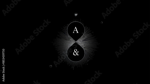 Abstract black and white graphic with letter A and ampersand symbols connecting, surrounded by a radial light burst, symbolizing union and duality.