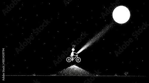 Minimalist illustration of a character on a bicycle riding under a vast starry night sky with a bright moon and guiding light beam, journey of exploration and discovery.