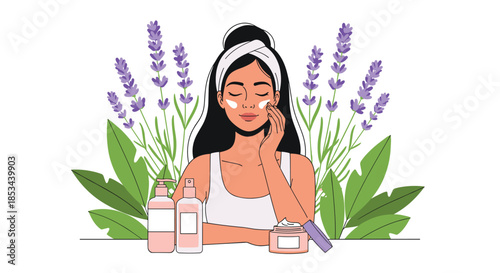 Young woman with a headband applying face cream from a jar, surrounded by skincare products and a background of lavender flowers.