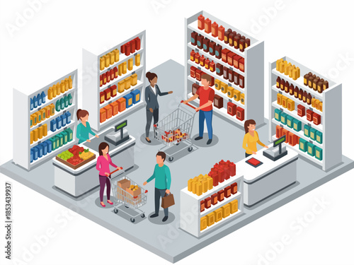 Busy grocery store with diverse shoppers and colorful products displayed on shelves, creating a vibrant shopping experience