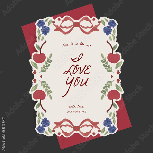 Red coquette, cherry, heart, branches floral, and ribbon illustration border for valentine, greeting, wedding, mothers day, birthday party, baby shower