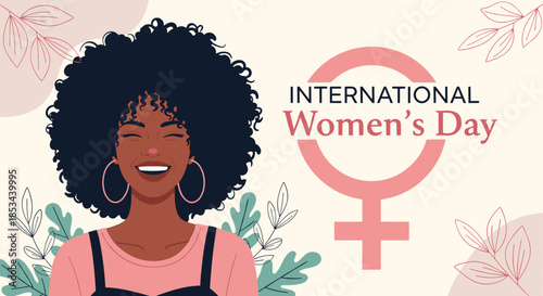 International Women's Day greeting card with a joyful black woman, the female gender symbol, and delicate leaf illustrations.