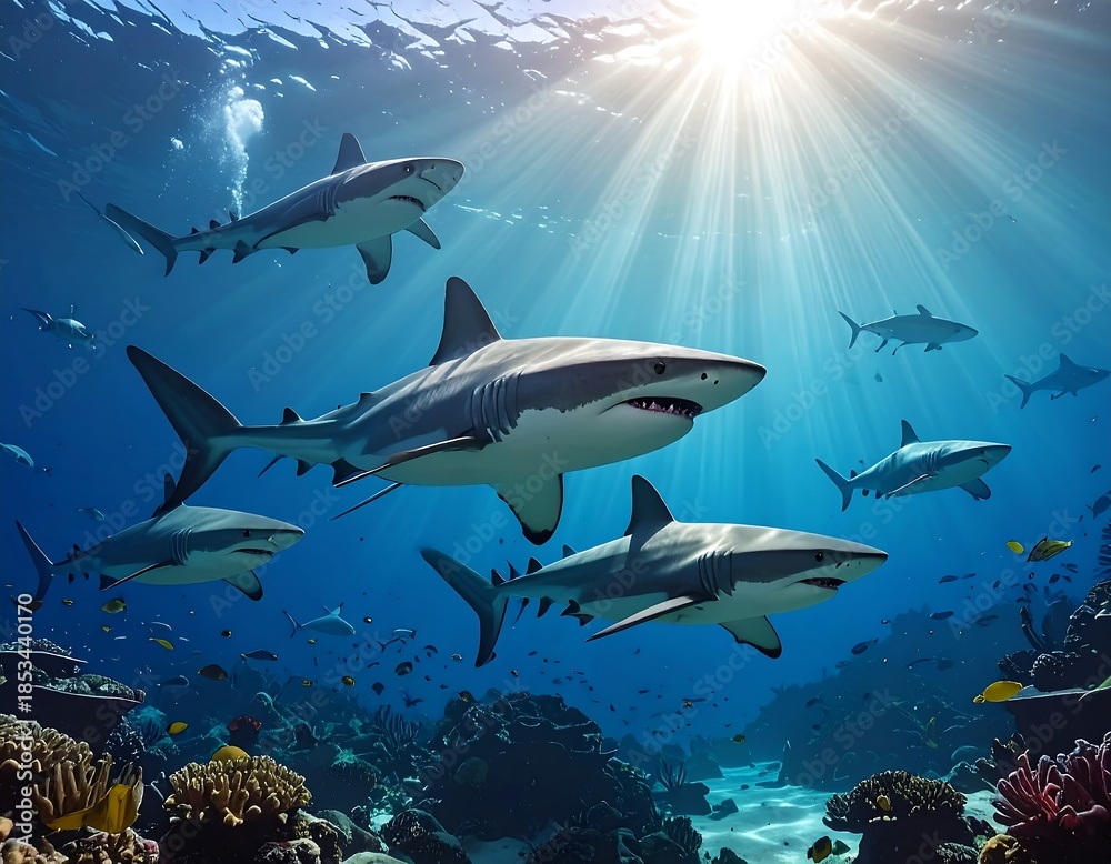 Fototapeta premium Sharks swimming through sunlit ocean, coral reefs visible below