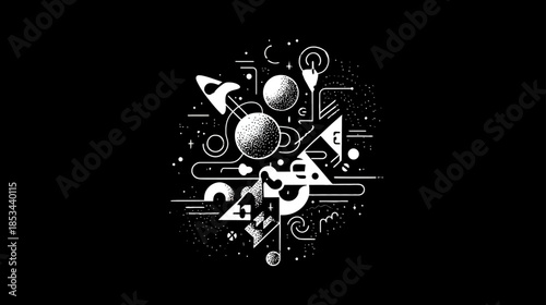 Modern abstract geometric design with spheres, triangles, and intricate lines on black, a conceptual background for science or tech