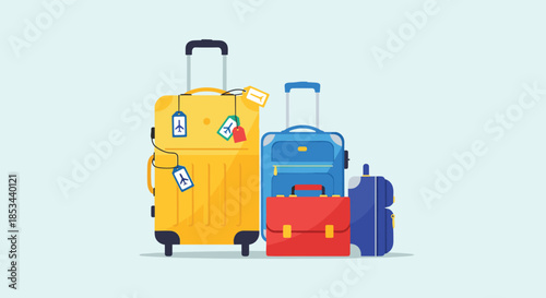 Collection of colorful travel luggage including suitcases, a briefcase, and a backpack, ready for a vacation or journey.