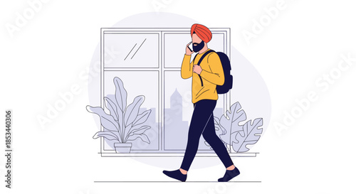 Stylish man with a turban and backpack walking indoors while talking on his smartphone, with a city view from the window.