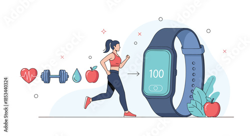 Woman running towards a large smartwatch that displays her fitness score, with icons for a healthy lifestyle like heart rate and nutrition.