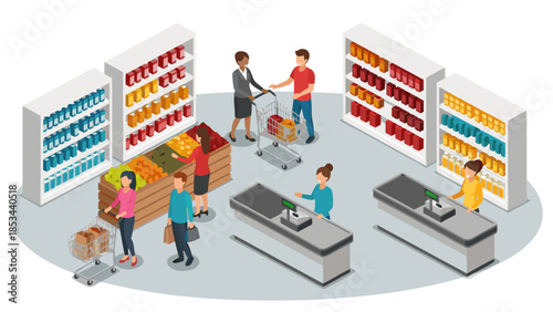 People shopping at a supermarket, buying groceries, and checking out at the cashier registers with full shelves and displays