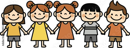 Diverse group of cartoon children holding hands standing together in a row representing friendship and unity