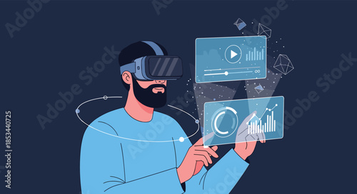 A man wearing a VR headset interacts with holographic interfaces showing data charts and video, illustrating the concept of the metaverse or virtual reality.