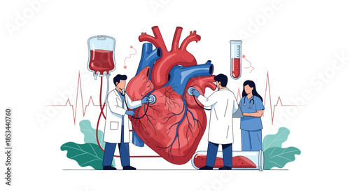 A team of doctors and a nurse examining a large human heart, representing cardiology, healthcare, and medical check-ups for heart disease.
