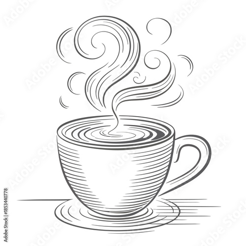 Steaming hot beverage in a classic coffee cup with decorative steam lines