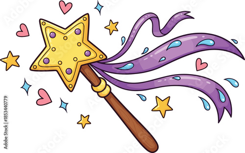 Magic Wand Cartoon Vector Illustration Fairy Godmother Star Ribbons Sparkles Fantasy Graphic Design