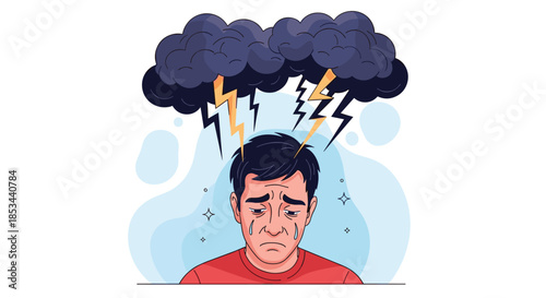 A sad and crying man experiencing depression and anxiety, illustrated with dark storm clouds and lightning bolts striking his head.