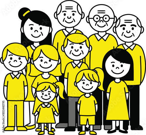 Diverse group of cartoon people standing together including adults and children in a simple colorful vector illustration