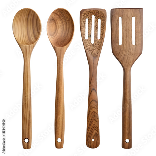Kitchen Wooden Utensil Set: Bamboo Cooking Spoons, Slotted Spatulas, & Turners for Culinary Tasks on transparent background
