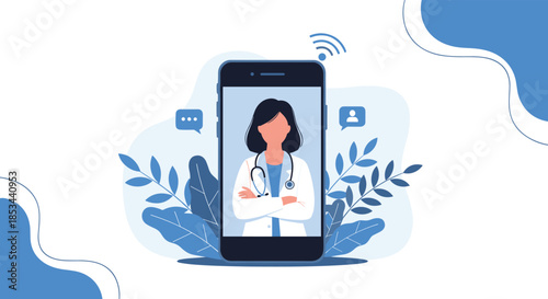 A professional female doctor appears on a smartphone screen for a virtual consultation, illustrating the convenience of telemedicine and online healthcare.
