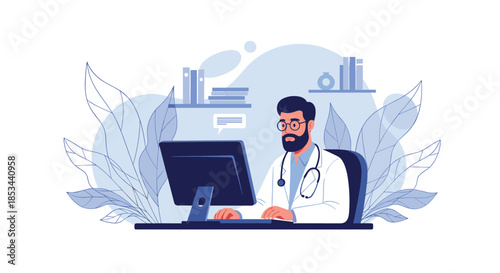Male doctor in a white coat with a stethoscope working on a computer at his desk in a modern medical office illustration.