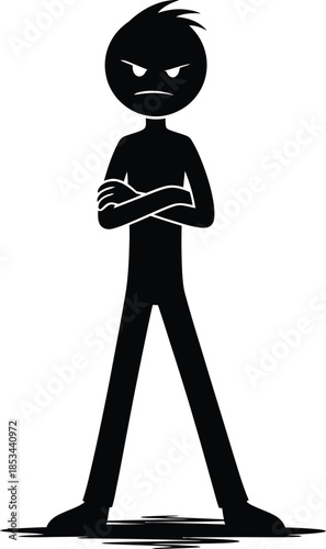 Silhouette of an angry cartoon boy with arms crossed standing in a defiant pose against a white background