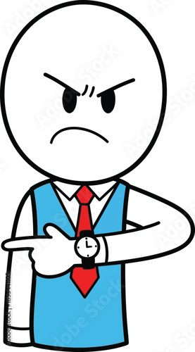 Stick figure illustration of an impatient businessman checking his watch and pointing forward with frustration
