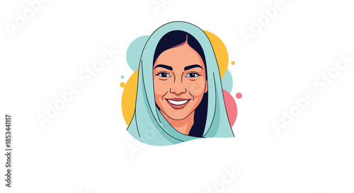 Illustrated portrait of Malala Yousafzai, a Pakistani activist for female education and Nobel Peace Prize laureate smiling.