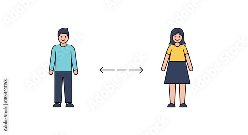 Man and woman characters keeping a safe distance from each other, a simple illustration of the social distancing concept.