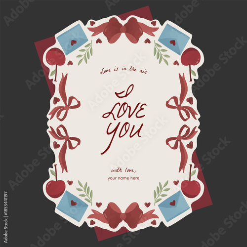 Red coquette, cherry, heart, branches, love letter and ribbon illustration border for valentine, greeting, wedding, mothers day, birthday party, baby shower