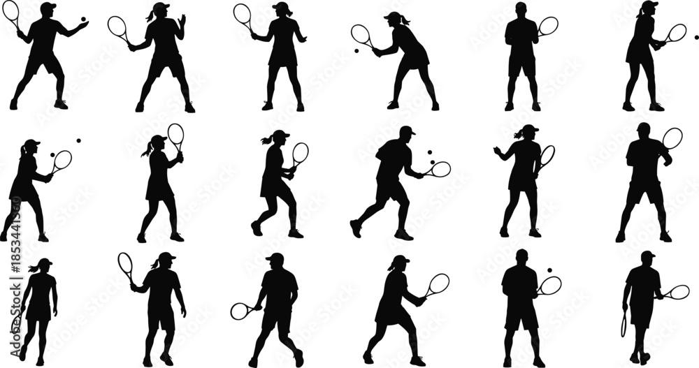 Fototapeta premium Black Silhouettes Set of Male and Female Tennis Players in Action Poses, Sportsman Icons, Vector Illustration Collection.