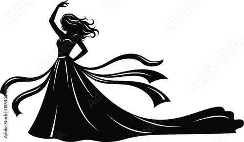Black silhouette of a confident woman wearing a long, elegant evening gown with flowing fabric trails and one arm raised, dancing or posing.