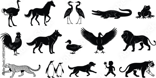 Black and White Silhouettes Collection of Various Wild Animals, Domestic Birds and Human Character Set Vector Illustration Icons.