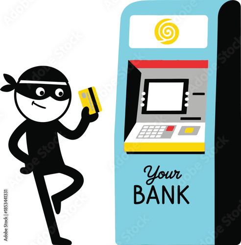 Cartoon illustration of a masked figure attempting to rob an atm machine in front of a bank