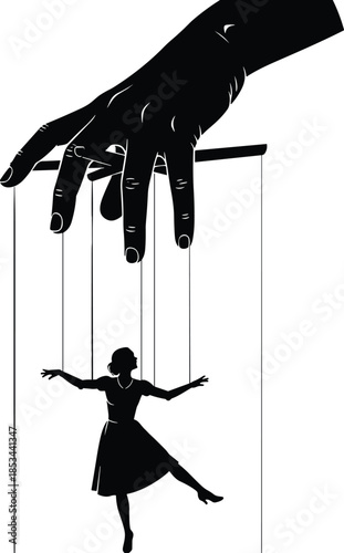 Black Silhouette of Hand Controlling a Woman like a Ballerina Marionette Puppet, Concept of Manipulation, Control, and Subordination Vector