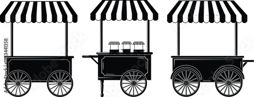 Black Silhouette of Three Vintage Food Stalls with Striped Awnings, Mobile Street Vendor Carts for Snacks, Beverages, and Market Fair Entertainment