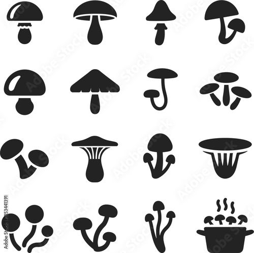 Assortment of mushroom icons in silhouette on white background Keywords: mushroom, fungi, fungus