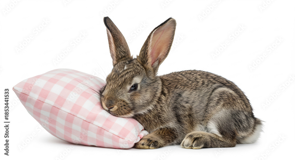 Obraz premium Sweet brown rabbit peacefully resting head on a pink pillow bathed in bright studio light on a clean white background. AI Generated